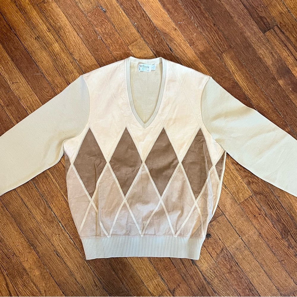 Vintage St. Croix Diamond Colorblock Suede Wool Sweater Size M